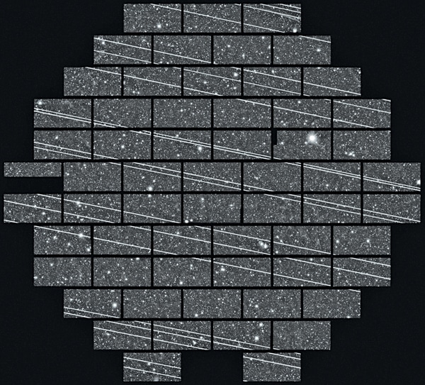 Strong signal loss and appearance of white lines due to transit of Starlink satellites on an image taken at the Cerro Tololo Inter-American Observatory (CTIO) (Source: https://physics.aps.org)