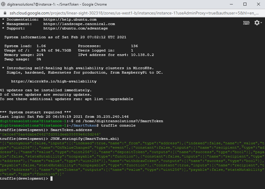 Truffle console with SmartToken address and ABI